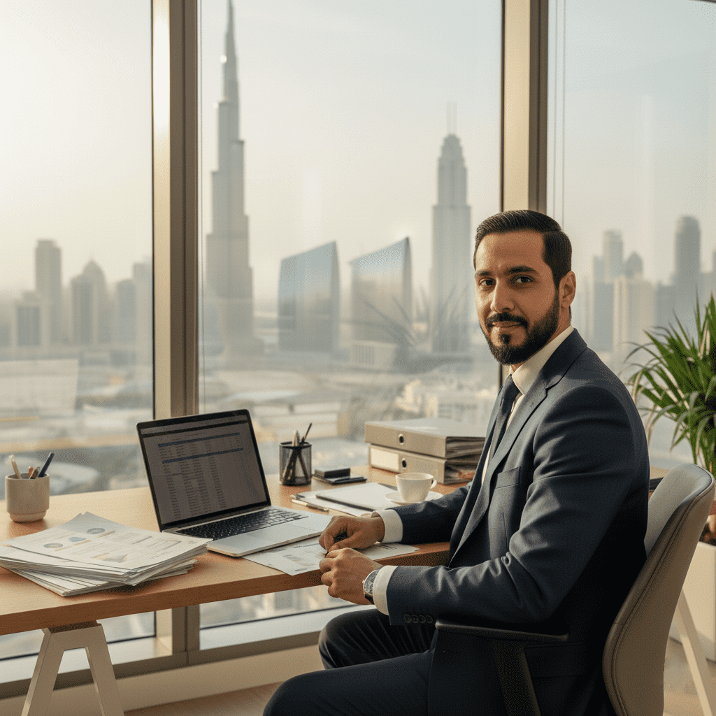  photo of a Gulf Arab HR professional with natural skin imperfections working at a desk with Dubai towers in the background. 